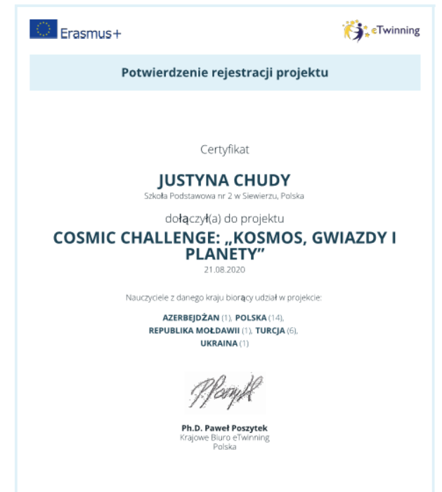 zaświadczenie cosmos challenge